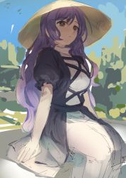 Rule 34 | 1girl, ajirogasa, alternate eye color, breasts, closed mouth, cross-laced clothes, dress, expressionless, feet out of frame, grey eyes, hair between eyes, hakonnbo, hat, hijiri byakuren, large breasts, layered dress, long hair, looking at viewer, puffy short sleeves, puffy sleeves, purple hair, short hair, short sleeves, sitting, solo, touhou, turtleneck, turtleneck dress, wavy hair, white dress