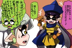 Rule 34 | +++, 2girls, alena (cosplay), alena (dq4), alena (dq4) (cosplay), belt, black hair, blue cape, blue hat, blush, brown background, brown gloves, callie (splatoon), cape, clenched hands, closed eyes, cosplay, dragon quest, earrings, fangs, gloves, hand on own hip, hat, heart, inkling, jewelry, marie (splatoon), mole, mole under eye, multiple girls, nintendo, open mouth, pantyhose, pointy ears, raised fist, shirt, short sleeves, silver hair, simple background, smile, splatoon (series), splatoon 1, sweatdrop, tentacle hair, translation request, tunic, usa (dai9c carnival), white background, yellow eyes, yellow shirt