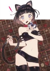 Rule 34 | !, 1girl, animal ears, black hair, blush, boots, candy, cat ears, cat tail, chocolate, chocolate heart, choker, cowboy shot, crop top, ear piercing, eating, food, grey eyes, heart, highres, looking at viewer, noco (adamas), original, patterned background, piercing, red choker, short hair, short shorts, shorts, surprised, tail, thigh boots, thighhighs