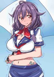 Rule 34 | 10s, 1girl, adapted costume, ahoge, blush, chan (akuty ikkot), full-face blush, hair flaps, highres, kantai collection, long hair, low twintails, magatama, midriff, necktie, planted, planted umbrella, purple hair, race queen, red eyes, red necktie, school uniform, serafuku, shaking, sketch, solo, taigei (kancolle), trembling, twintails, umbrella, whale
