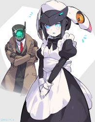 Rule 34 | 1boy, 1girl, absurdres, alternate costume, apron, clothed robot, coat, dia (world flipper), dress, enmaided, formal, highres, humanoid robot, joints, maid, maid apron, mechanical arms, necktie, regis (world flipper), robot, robot joints, single mechanical arm, suit, suurin (ksyaro), trench coat, world flipper