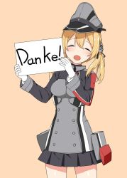 Rule 34 | 10s, 1girl, ^ ^, anchor hair ornament, blush, breasts, cowboy shot, closed eyes, german text, gloves, hair ornament, hat, holding, holding sign, kantai collection, low twintails, medium breasts, open mouth, orange background, peaked cap, prinz eugen (kancolle), sign, skirt, solo, takayaki, twintails, white gloves
