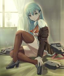 Rule 34 | 10s, 1girl, aqua eyes, aqua hair, blazer, blush, breasts, brown thighhighs, cannon, curtains, frilled skirt, frills, hair ornament, hairclip, jacket, kantai collection, long hair, open mouth, personification, school uniform, shimamoto utsumi, sitting, skirt, solo, suzuya (kancolle), thighhighs, turret, utsumi, window