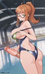 Rule 34 | 1girl, ahoge, ass, backless swimsuit, blurry, blurry background, breasts, brown hair, closed mouth, competition swimsuit, cowboy shot, ear piercing, earrings, erection, from behind, futanari, glasses, green eyes, highres, huge penis, jewelry, large breasts, long hair, looking at viewer, looking back, merulu ilum, one-piece swimsuit, original, penis, piercing, ponytail, semi-rimless eyewear, sidelocks, smile, solo, swimsuit