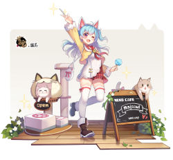 Rule 34 | 1girl, ;d, animal, animal bag, animal ears, arm up, bag, bell, black footwear, blue hair, blush, boots, cat, cat bag, cat ears, cat tower, dress, english text, fake animal ears, fang, food, hair between eyes, hasu (velicia), highres, holding, holding food, igarashi haruna, jacket, jingle bell, long hair, mahjong soul, official art, one eye closed, one side up, open clothes, open jacket, open mouth, plaid, plaid skirt, popsicle, red eyes, red skirt, romaji text, shoulder bag, sign, skirt, smile, solo, sparkle, standing, standing on one leg, thighhighs, thighhighs under boots, white dress, white thighhighs, yellow jacket