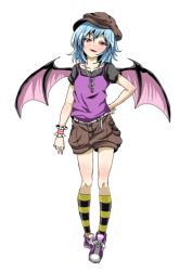 Rule 34 | 1girl, alternate costume, bat wings, blue hair, blush, collarbone, contemporary, fang, female focus, hat, naodx, open mouth, puffy sleeves, red eyes, remilia scarlet, short hair, short sleeves, shorts, simple background, solo, touhou, white background, wings, wrist cuffs