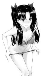 Rule 34 | 1girl, alternate breast size, bikini, black hair, blush, bow, bow bra, bow panties, bra, breasts, covered erect nipples, fate/stay night, fate (series), frilled bra, frills, greyscale, hair ribbon, jpeg artifacts, large breasts, looking at viewer, monochrome, nose blush, panties, panty pull, pulling own clothes, removing panties, ribbon, solo, sweat, swimsuit, tohsaka rin, twintails, two side up, underwear, underwear only, undressing, zucchini