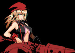 Rule 34 | 10s, 1girl, alisa ilinichina amiella, aqua eyes, bare shoulders, black background, blonde hair, blue eyes, breasts, cabbie hat, cleavage, god eater, god eater burst, green eyes, gun, hat, holding, holding weapon, huge weapon, long hair, looking at viewer, medium breasts, namco, navel, no bra, norman maggot, open mouth, simple background, skirt, solo, standing, suspender skirt, suspenders, underboob, weapon