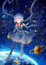 Rule 34 | 1girl, ahoge, black thighhighs, blue dress, blue hair, blunt bangs, boots, closed eyes, collarbone, dress, elbow gloves, eyebrows, fingerless gloves, full body, gloves, hand on own chest, highres, long hair, mimengfeixue, open mouth, planet, sky, sleeveless, sleeveless dress, solo, space, star (sky), starry sky, thigh boots, thighhighs, very long hair, vocaloid, xingchen