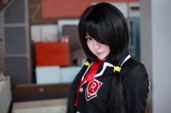 Rule 34 | 1girl, artist request, asian, black hair, blazer, blurry, color contacts, cosplay, date a live, depth of field, hair over one eye, jacket, long hair, looking at viewer, makeup, mascara, neck ribbon, photo (medium), red eyes, ribbon, school uniform, solo, tokisaki kurumi, tokisaki kurumi (cosplay), twintails, upper body