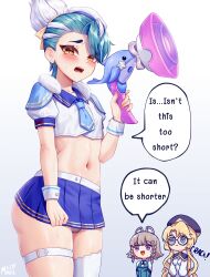 Rule 34 | 1boy, 2girls, absurdres, aqua hair, arena of valor, artist name, ass, asymmetrical bangs, blonde hair, blue eyes, blue necktie, blue skirt, blush, braid, brown eyes, brown hair, bulge, character request, collared shirt, copyright request, covered erect nipples, cropped shirt, crossdressing, embarrassed, english text, eyelashes, fur trim, gradient background, grey background, hair ribbon, hand up, highres, holding, long hair, looking at viewer, male focus, medium hair, midriff, miniskirt, mizumizzumiz, multicolored hair, multiple girls, navel, necktie, open mouth, panties, pleated skirt, puffy short sleeves, puffy sleeves, purple eyes, ribbon, shiny skin, shirt, short hair, short sleeves, skindentation, skirt, sleeve cuffs, speech bubble, streaked hair, sweatdrop, teeth, thigh strap, thighs, tilted headwear, trap, underwear, upper teeth only, white background, white hair, white headwear, white panties, yan (arena of valor), yellow ribbon