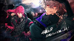 Rule 34 | 2boys, black gloves, blurry, blurry background, buttons, camouflage, curly hair, depth of field, domco, double-breasted, dressing, earrings, expressionless, fingerless gloves, gloves, grey hair, heterochromia, highres, hood, hooded jacket, jacket, jewelry, like two (senjuushi) (all), like two (senjuushi r), looking down, male focus, marks (senjuushi r), multiple boys, multiple earrings, necktie, outdoors, pink eyes, pink hair, purple eyes, red eyes, ruins, senjuushi: the thousand noble musketeers rhodoknight, senjuushi (series), short hair, signature, single earring, single glove, walking, wind, wind lift
