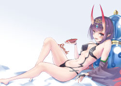 Rule 34 | 1girl, absurdres, alcohol, artist request, bare shoulders, bob cut, breasts, bridal gauntlets, collarbone, cup, eyeliner, fate/grand order, fate (series), gourd, headpiece, highres, horns, japanese clothes, kimono, legs, long sleeves, looking at viewer, lying, makeup, navel, off shoulder, on back, oni, open clothes, open kimono, pointy ears, purple eyes, purple hair, purple kimono, revealing clothes, sakazuki, sake, short hair, shuten douji (fate), skin-covered horns, small breasts, wide sleeves