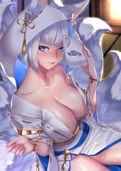 Rule 34 | 1girl, animal ears, areola slip, azur lane, blue eyes, blush, breasts, bride, cleavage, collarbone, deras, dress, fox ears, fox mask, fox tail, gold trim, groin, hair ornament, head tilt, highres, holding, holding mask, hood, indoors, japanese clothes, jewelry, kaga (azur lane), kimono, large breasts, light particles, looking at viewer, mask, multiple tails, no bra, no panties, off shoulder, ring, shiny skin, short hair, sitting, smile, solo, sparkle, sunset, tail, thighs, uchikake, wedding dress, wedding ring, white hair, wide sleeves
