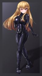 Rule 34 | 1girl, absurdres, black background, blonde hair, bodysuit, breasts, commentary request, covered navel, fleur racine, full body, highres, impossible bodysuit, impossible clothes, large breasts, latex, latex bodysuit, long hair, mary janes, one eye closed, original, red eyes, shiny clothes, shoes, simple background, skin tight, solo