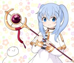 Rule 34 | angora rabbit, animal, belt, belt buckle, black belt, blue eyes, blue hair, buckle, capelet, closed mouth, commentary request, cosplay, floral background, frieren, frieren (cosplay), gochuumon wa usagi desu ka?, hair ornament, holding, holding staff, kafuu chino, long hair, long sleeves, looking at viewer, mitya, orb, rabbit, shirt, simple background, skirt, smile, sousou no frieren, staff, striped clothes, striped shirt, tippy (gochiusa), twintails, twitter username, white background, white capelet, white skirt, x hair ornament