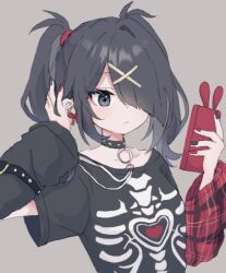 Rule 34 | 1girl, adjusting hair, ame-chan (needy girl overdose), arm warmers, black choker, black hair, black shirt, cellphone, choker, closed mouth, earrings, grey background, grey eyes, hair ornament, hair over one eye, hands up, holding, holding phone, jewelry, kabe (zp66104), long hair, needy girl overdose, o-ring, o-ring choker, official alternate costume, phone, print shirt, shirt, short sleeves, simple background, smartphone, solo, t-shirt, twintails, upper body, x hair ornament