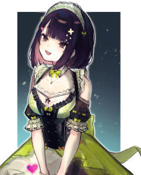 Rule 34 | 1girl, after suko, black eyes, black hair, bow, bowtie, breasts, detached collar, dress, green bow, green bowtie, hair ornament, headdress, heart, heart hair ornament, nijisanji, open mouth, seto miyako, short hair, simple background, solo, virtual youtuber