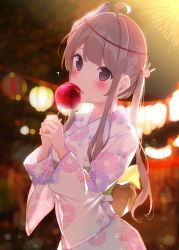 Rule 34 | 1girl, ?, ahoge, blurry, blurry background, blush, brown hair, candy apple, chikuwa., commentary request, depth of field, floral print, food, fox mask, grey eyes, hair ornament, hands up, highres, holding, holding food, japanese clothes, kimono, licking, long hair, long sleeves, looking at viewer, mask, mask on head, obi, original, print kimono, rabbit hair ornament, sash, solo, summer festival, tongue, tongue out, twintails, very long hair, white kimono, wide sleeves