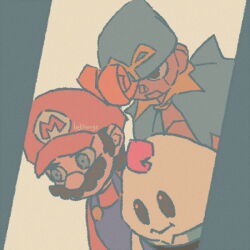 3boys bellhenge blue_cape blue_eyes blue_overalls brown_hair cape doll_joints facial_hair geno_(mario) gloves hat joints male_focus mallow_(mario) mario mario_(series) multiple_boys mustache nintendo open_mouth overalls super_mario_rpg