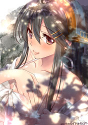 Rule 34 | 10s, 1girl, bare shoulders, bikini, bikini pull, black hair, brown eyes, clothes pull, collarbone, covering privates, covering breasts, dated, front-tie top, hair ornament, hairband, hairclip, haruna (kancolle), headgear, highres, kantai collection, long hair, looking at viewer, smile, solo, swimsuit, ugeppa, white bikini