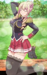 Rule 34 | 10s, 1girl, absurdres, ankle boots, bertille althusser, black thighhighs, blonde hair, boots, breasts, closed eyes, highres, large breasts, long hair, no shoes, school uniform, screencap, skirt, smile, stitched, thighhighs, third-party edit, walkure romanze