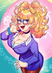 Rule 34 | 1girl, absurdres, black pantyhose, blonde hair, blue eyes, breasts, chalk, choker, cleavage, earrings, formal, galko, glasses, highres, jewelry, nail polish, office lady, oshiete! galko-chan, pantyhose, partially unbuttoned, pencil skirt, rumblyf, scrunchie, skirt, skirt suit, smile, solo, suit
