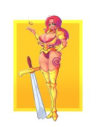 Rule 34 | 1girl, absurdres, armor, armored boots, artist request, baccarat (one piece), boots, border, coin, curvy, earrings, full body, green eyes, highres, hip focus, jewelry, lips, long hair, nipples, one piece, one piece film: gold, red hair, seductive smile, smile, solo, sword, tattoo, teeth, thick thighs, thighs, weapon, white border, wide hips