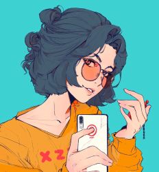 Rule 34 | 1girl, aqua background, black hair, commentary, elliemaplefox, hands up, highres, holding, holding phone, looking at viewer, orange-tinted eyewear, orange-tinted glasses, original, parted bangs, parted lips, phone, shirt, short hair, simple background, smile, solo, sunglasses, symbol-only commentary, tinted eyewear, yellow shirt