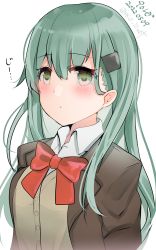Rule 34 | 1girl, 9610 (kuroto), absurdres, aqua hair, blazer, bow, bowtie, brown jacket, cardigan, commentary request, green eyes, hair ornament, hairclip, highres, jacket, kantai collection, long hair, looking up, one-hour drawing challenge, red bow, red bowtie, school uniform, simple background, solo, suzuya (kancolle), upper body, white background