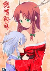 Rule 34 | 10s, 2012, 2girls, antlers, bare shoulders, between breasts, blue eyes, blush, bow, braid, breast smother, breasts, cleavage, embodiment of scarlet devil, face to breasts, female focus, green eyes, hair bow, hand on another&#039;s head, height difference, highres, hong meiling, horns, hug, izayoi sakuya, japanese clothes, kemonomimi mode, kimono, looking at breasts, medium breasts, multiple girls, new year, nigo (aozoragarou), no headwear, obi, off shoulder, red hair, sash, short hair, silver hair, smile, touhou, translated, twin braids, upper body, yuri