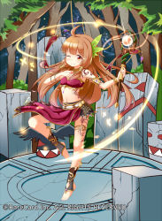 Rule 34 | 1girl, ;), ahoge, black skirt, blush, chihong de tianshi, closed mouth, commentary request, copyright request, hand on own chest, holding, holding staff, jewelry, light brown hair, long hair, magic, one eye closed, outdoors, red eyes, sidelocks, skirt, smile, solo, staff, standing, standing on one leg, tree, very long hair