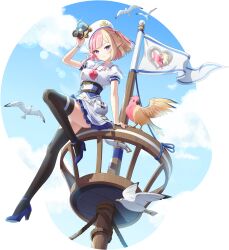 Rule 34 | 1girl, belt, belt pouch, binoculars, bird, black thighhighs, blonde hair, blue footwear, blue sky, cloud, crow&#039;s nest, elf, eversoul, flag, frilled skirt, frills, game cg, high heels, highres, holding, holding binoculars, kanna (eversoul), looking at viewer, looking to the side, multicolored hair, multiple belts, neckerchief, non-web source, official alternate costume, official art, pink hair, pointy ears, pouch, puffy short sleeves, puffy sleeves, purple eyes, sailor collar, seagull, short hair, short sleeves, sitting, skirt, sky, solo, streaked hair, tachi-e, thighhighs, transparent background, two-tone hair, white sailor collar, white skirt