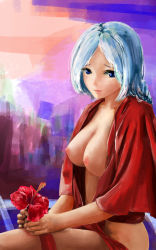 Rule 34 | 1girl, abstract background, blue eyes, blue hair, breasts, faux traditional media, flower, gradient background, hibiscus, highres, kanrobi, leg ribbon, lips, looking at viewer, matching hair/eyes, medium breasts, naked robe, nipples, open clothes, open robe, ponytail, ribbon, robe, short hair, sitting, solo, tareme, touhou, yagokoro eirin
