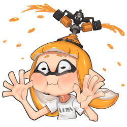Rule 34 | 1girl, :3, black eyes, blunt bangs, blush, cheek bulge, closed mouth, clothes writing, constricted pupils, cropped torso, female focus, flat chest, forehead, hands up, ink, inkling, inkling girl, inkling player character, long hair, making faces, nintendo, object on head, orange hair, pointy ears, puchiman, puffy cheeks, shirt, short sleeves, sidelocks, simple background, solo, splatoon (series), sprinkler, sprinkler (splatoon), suction cups, tentacle hair, tentacles, twintails, upper body, white background, white shirt