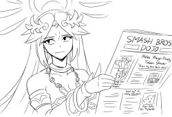 Rule 34 | 1boy, 2girls, breast reduction, breasts, cleavage, english text, greyscale, jewelry, kid icarus, kid icarus uprising, kirby, kirby (series), large breasts, long hair, matsu-sensei, meme, metroid, monochrome, multiple girls, neck ring, necklace, newspaper, nintendo, no country for old men, palutena, parted bangs, samus aran, super smash bros., tiara, tommy lee jones, very long hair, zero suit