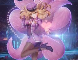 Rule 34 | 1girl, ahri (league of legends), alternate costume, alternate hair color, animal ears, ass, bad id, bad pixiv id, blonde hair, bow, breasts, cleavage, cosplay, crowd, facial mark, floating hair, fox ears, fox tail, hanato (seonoaiko), hat, hat bow, heart, high heels, jacket, kitsune, league of legends, leg up, long hair, looking at viewer, multiple tails, open clothes, open jacket, peaked cap, popstar ahri, smile, solo, tail, thighs, twitter username, whisker markings, yellow eyes