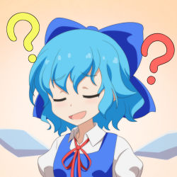 Rule 34 | 1girl, :d, ?, ??, blue hair, bow, cato (monocatienus), cirno, commentary, dress, closed eyes, hair bow, ice, ice wings, large bow, open mouth, puffy short sleeves, puffy sleeves, short sleeves, smile, solo, thinking, touhou, u u, upper body, vest, wavy hair, wings