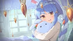 Rule 34 | 1girl, :d, = =, animal ear fluff, animal ears, blue hair, blurry, blurry background, braid, brown eyes, closed eyes, commentary request, depth of field, don-chan (usada pekora), eyebrows hidden by hair, frilled pillow, frills, highres, hololive, hug, indoors, long sleeves, looking at viewer, low twintails, multicolored hair, nano (mianhua maoqiu), pekomon (usada pekora), open mouth, pillow, rabbit-shaped pupils, rabbit ears, shirt, short eyebrows, smile, symbol-shaped pupils, thick eyebrows, tiara, twin braids, twintails, two-tone hair, under covers, usada pekora, virtual youtuber, white hair, white shirt