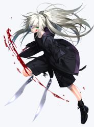 Rule 34 | 1boy, black footwear, black gloves, black jacket, black shirt, black shorts, blood, blood on face, blue eyes, commentary request, cross-laced footwear, dagger, floating hair, from side, full body, gloves, green eyes, grey hair, hair tie, heterochromia, highres, holding, holding dagger, holding knife, holding weapon, jacket, knife, leg up, long hair, long sleeves, looking at viewer, male focus, open clothes, open jacket, original, ponytail, shirt, shorts, smile, solo, throwing knife, waka (shark waka), weapon