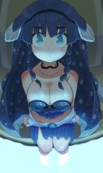 Rule 34 | 1girl, aquarium, bare shoulders, barefoot, blue eyes, blue hair, blush, breasts, choker, cleavage, coelacanth (kemono friends), highres, kemono friends, large breasts, long hair, looking at viewer, onaji (sokudo seigen), open mouth, polka dot, skirt, solo, strapless, swimsuit, tube top