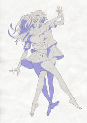 Rule 34 | 2girls, absurdres, arm around waist, bad id, bad pixiv id, barefoot, between legs, breast press, couple, closed eyes, facing another, full body, greyscale, holding hands, highres, kiss, ladic, leg between thighs, long hair, long legs, monochrome, multiple girls, original, outstretched arm, pleated skirt, school uniform, serafuku, short hair, short sleeves, simple background, skirt, thighs, white background, wind, wind lift, yuri