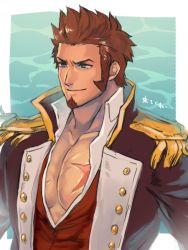 Rule 34 | 01rosso, 1boy, bad id, bad pixiv id, beard, blue eyes, brown hair, epaulettes, facial hair, fate/grand order, fate (series), long sideburns, long sleeves, looking to the side, male focus, military, military uniform, muscular, napoleon bonaparte (fate), open clothes, pectorals, scar, sideburns, simple background, smile, solo, uniform, upper body