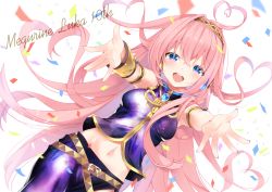Rule 34 | 1girl, amulet, anniversary, arami o 8, armlet, asymmetrical sleeves, belt, blue eyes, blush, character name, commentary, confetti, cowboy shot, crop top, detached sleeves, dutch angle, headphones, heart, long hair, megurine luka, midriff, navel, outstretched arms, pink hair, reaching, reaching towards viewer, shiny clothes, skirt, smile, solo, symbol-only commentary, uneven sleeves, very long hair, vocaloid, white background