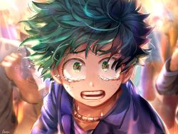 Rule 34 | 10s, 1boy, all might, anezu, artist name, blurry, blurry background, boku no hero academia, clenched hand, crowd, crying, facing viewer, freckles, green eyes, green hair, jacket, jewelry, looking at viewer, male focus, matching hair/eyes, midoriya izuku, necklace, open mouth, outdoors, parted lips, short hair, solo focus, standing, tears, teeth, upper body, yagi toshinori