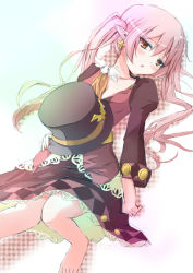 Rule 34 | 1girl, barefoot, blush, cross, dolce (rune factory), earrings, harvest moon, hat, jewelry, long hair, pink hair, pointy ears, poipoi purin, red eyes, rune factory, rune factory 4, skirt, solo, top hat