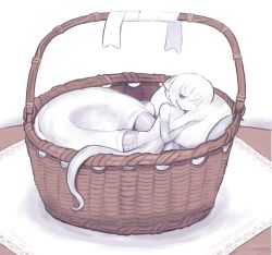Rule 34 | 1girl, basket, colored skin, female focus, idon, in container, lamia, mini person, minigirl, monster girl, original, pillow, pointy ears, ribbon, scales, silver hair, sleepy, snake, solo, white skin