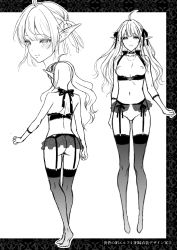 Rule 34 | 1girl, ahoge, ass, blush, breasts, camisole, closed mouth, concept art, elf, emma (usagi nagomu), greyscale, hair ribbon, highres, long hair, monochrome, multiple views, navel, nipples, original, pointy ears, ribbon, scan, small breasts, standing, thighhighs, translation request, usagi nagomu, wristband