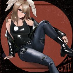 Rule 34 | 1girl, bare shoulders, black bodysuit, bodysuit, bodysuit under clothes, boots, breasts, catifex, cleavage, denim, eunie (xenoblade), head wings, highres, jacket, jacket partially removed, jeans, large breasts, latex, latex bodysuit, looking at viewer, off-shoulder jacket, off shoulder, open clothes, open jacket, pants, shiny clothes, sitting, skin tight, solo, wings, xenoblade chronicles (series), xenoblade chronicles 3
