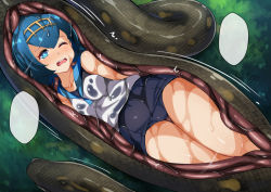 Rule 34 | 1girl, animal, arms behind back, arniro111, bare legs, bare shoulders, blank speech bubble, blue eyes, blue hair, blue sailor collar, blush, breasts, bright pupils, collarbone, covered navel, creatures (company), game freak, lana (pokemon), liquid, lying, medium breasts, motion lines, nintendo, nose blush, on back, one eye closed, pokemon, pokemon sm, sailor collar, scales, school swimsuit, shirt, short hair, skin tight, sleeveless, sleeveless shirt, snake, speech bubble, swimsuit, tareme, thigh gap, thighs, vore, white shirt, x-ray